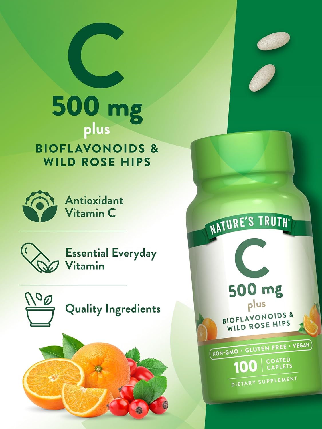 Vegan Vitamin C with Rose Hips & Bioflavonoids Caplets - 500mg, 100 Count | Non-GMO & Gluten-Free
