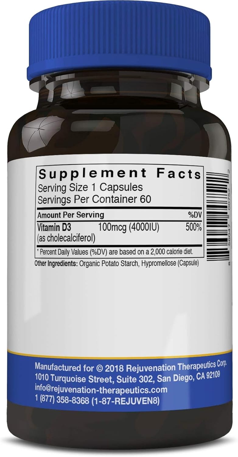 Vegan Vitamin D3 4000IU Capsules for Bone Health - Rejuvenation Therapeutics (60 Count)