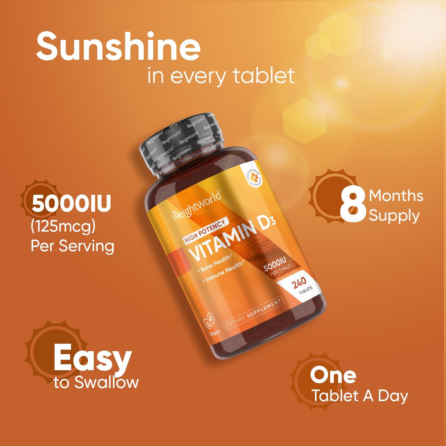 Vegan Vitamin D3 5000 IU Tablets - 240 Tablets (8 Months Supply) - Lichen-Based D3 for Bone & Immune Health - Highly Bioavailable Supplement