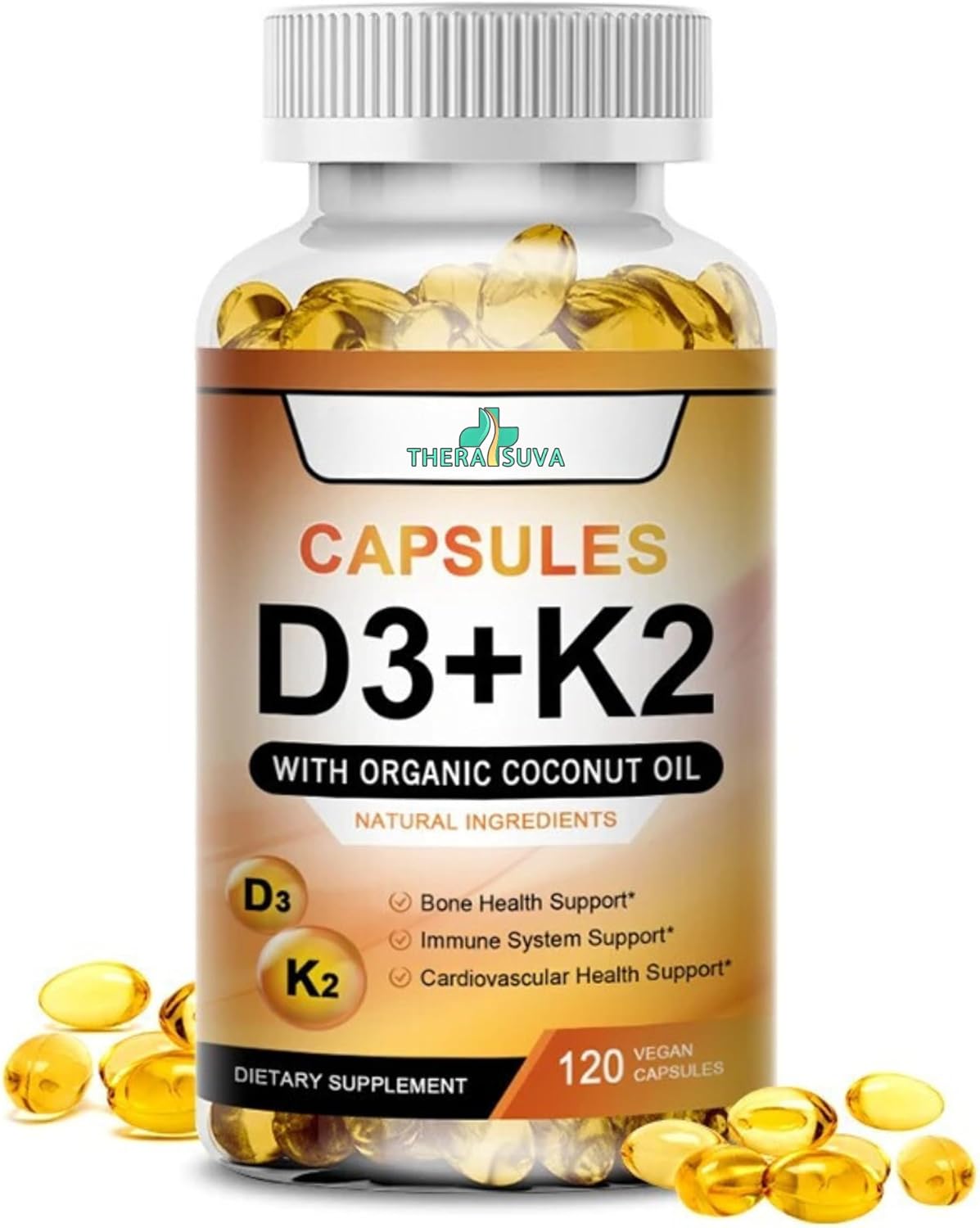 Vegan Vitamin D3-5000iu + K2 with Organic Coconut Oil, Gluten-Free, GMO-Free Softgels for Bone and Heart Health - 120ct