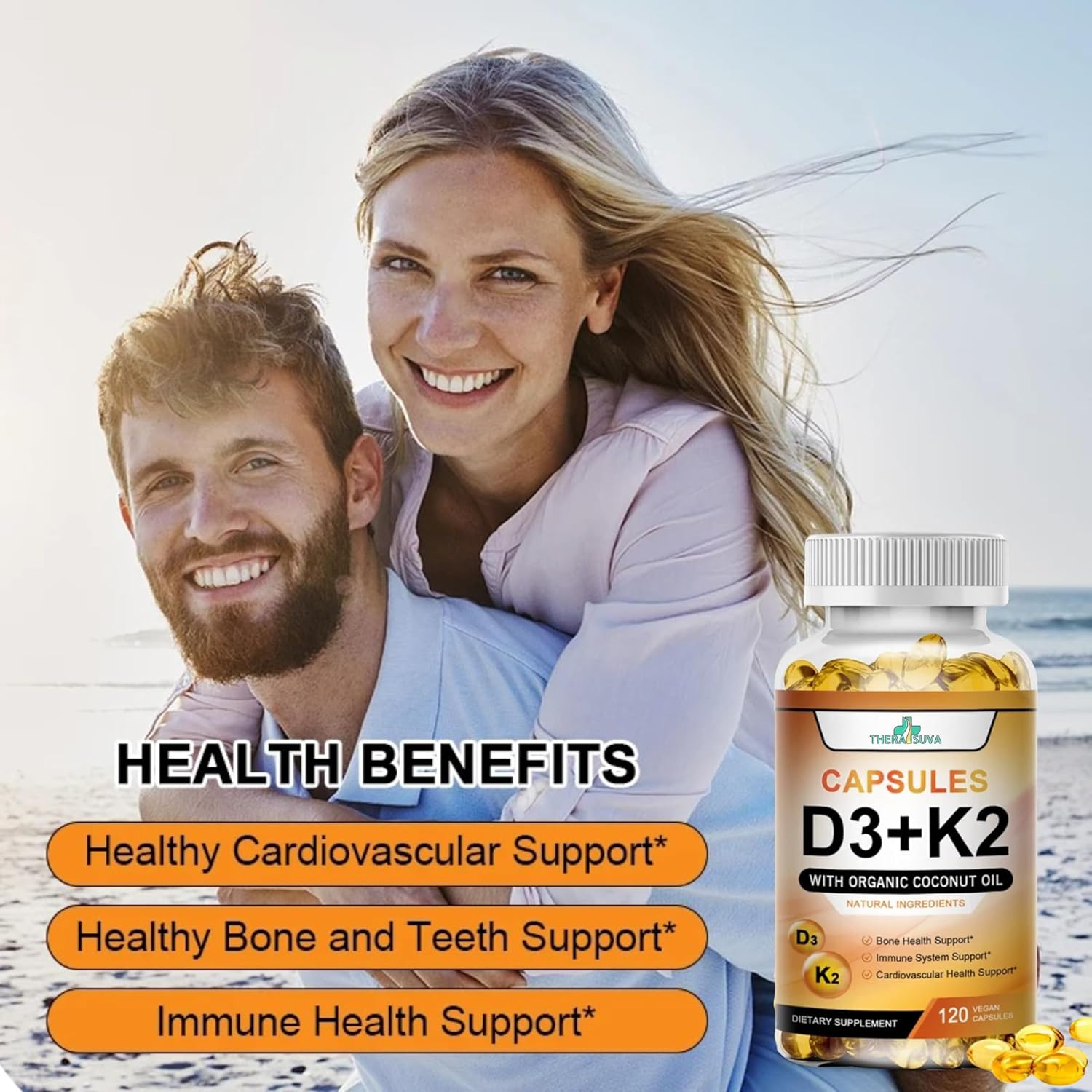 Vegan Vitamin D3-5000iu + K2 with Organic Coconut Oil, Gluten-Free, GMO-Free Softgels for Bone and Heart Health - 120ct