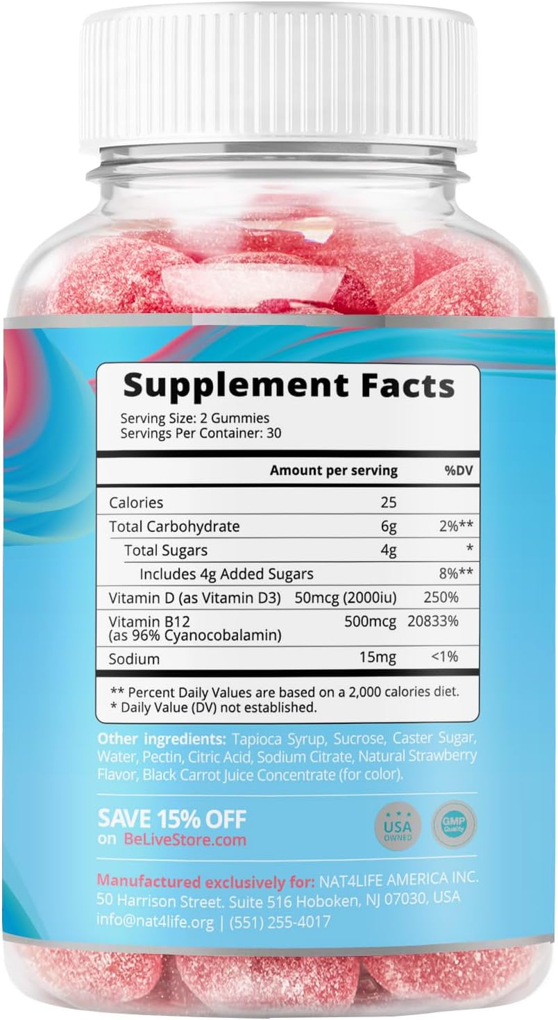 Vegan Vitamin D3 & B12 Gummies for Immune Support, Bone Strength, and Energy - Strawberry Flavor | 3-Pack
