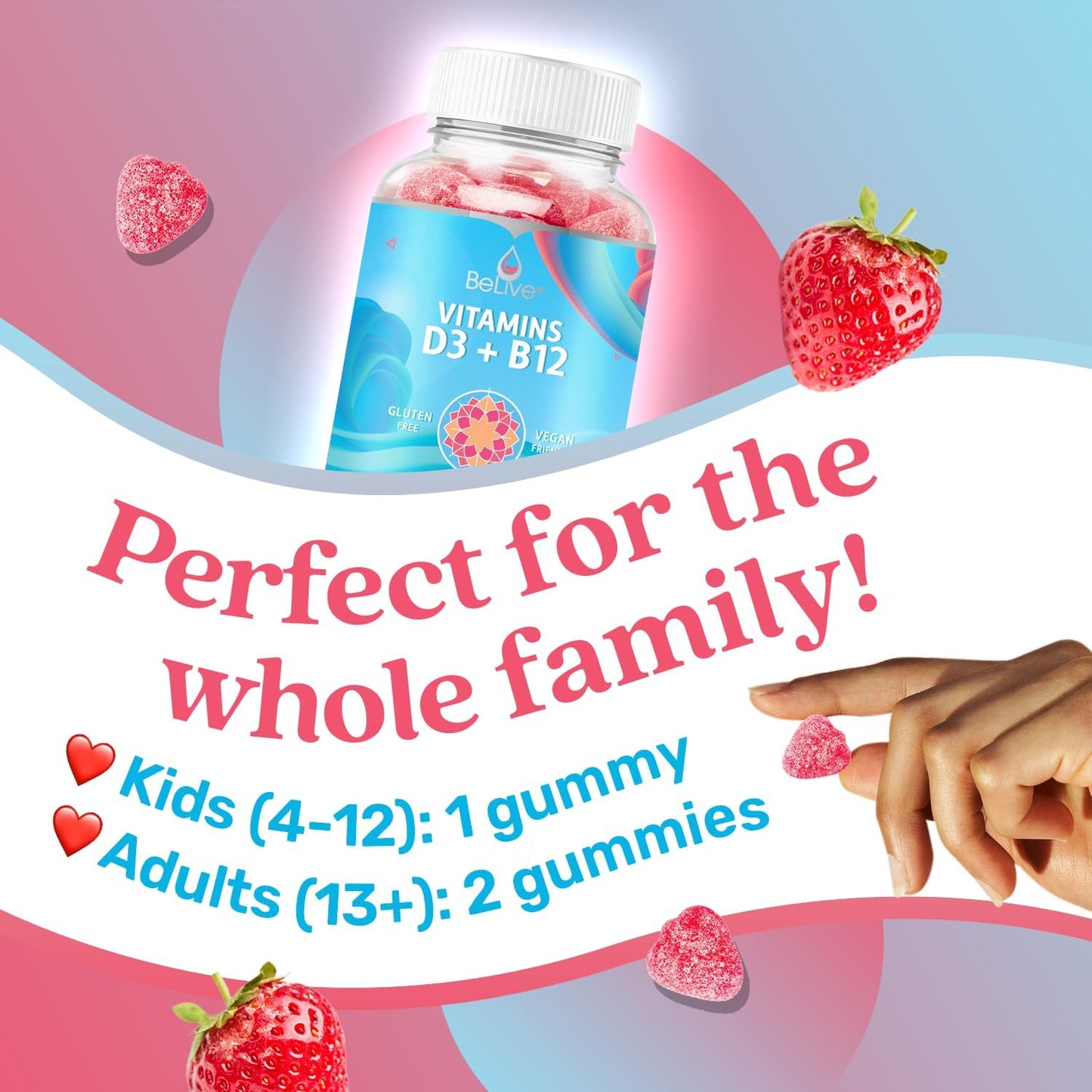 Vegan Vitamin D3 & B12 Gummies for Immune Support, Bone Strength, and Energy - Strawberry Flavor | 3-Pack