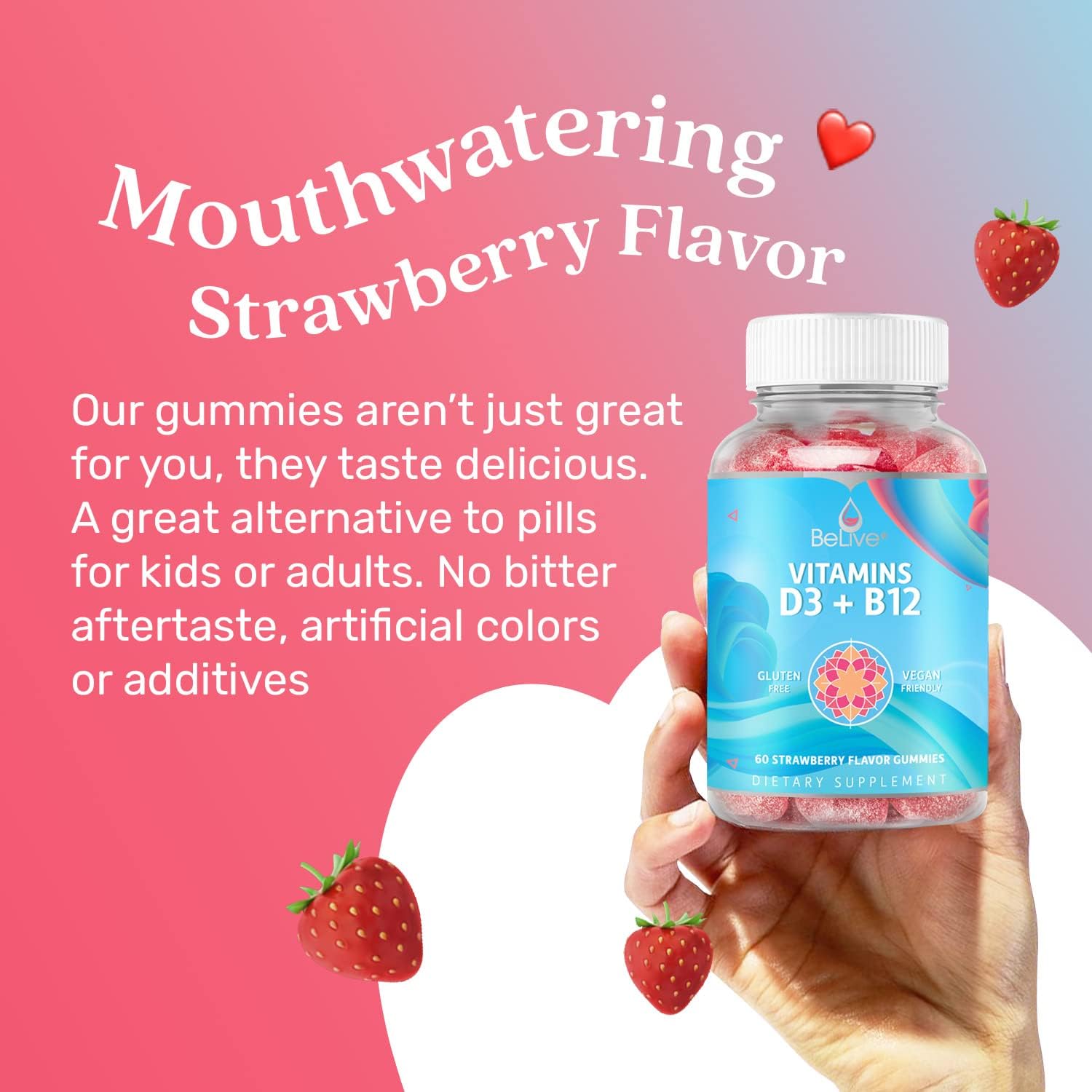 Vegan Vitamin D3 & B12 Gummies for Immune Support, Bone Strength, and Energy - Strawberry Flavor | 3-Pack