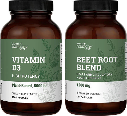 Vegan Vitamin D3 & Beet Root Powder Capsules - 120 Count - Earth Harmony Naturals