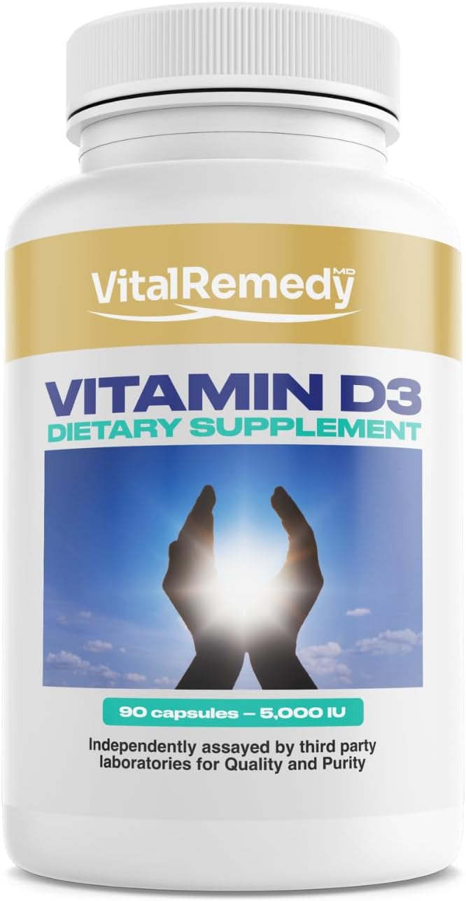 Vegan Vitamin D3 Capsules 5000 IU - 90 Count, Non-GMO, Gluten Free, Muscle & Joint Health Support for Healthy Aging, 3 Month Supply