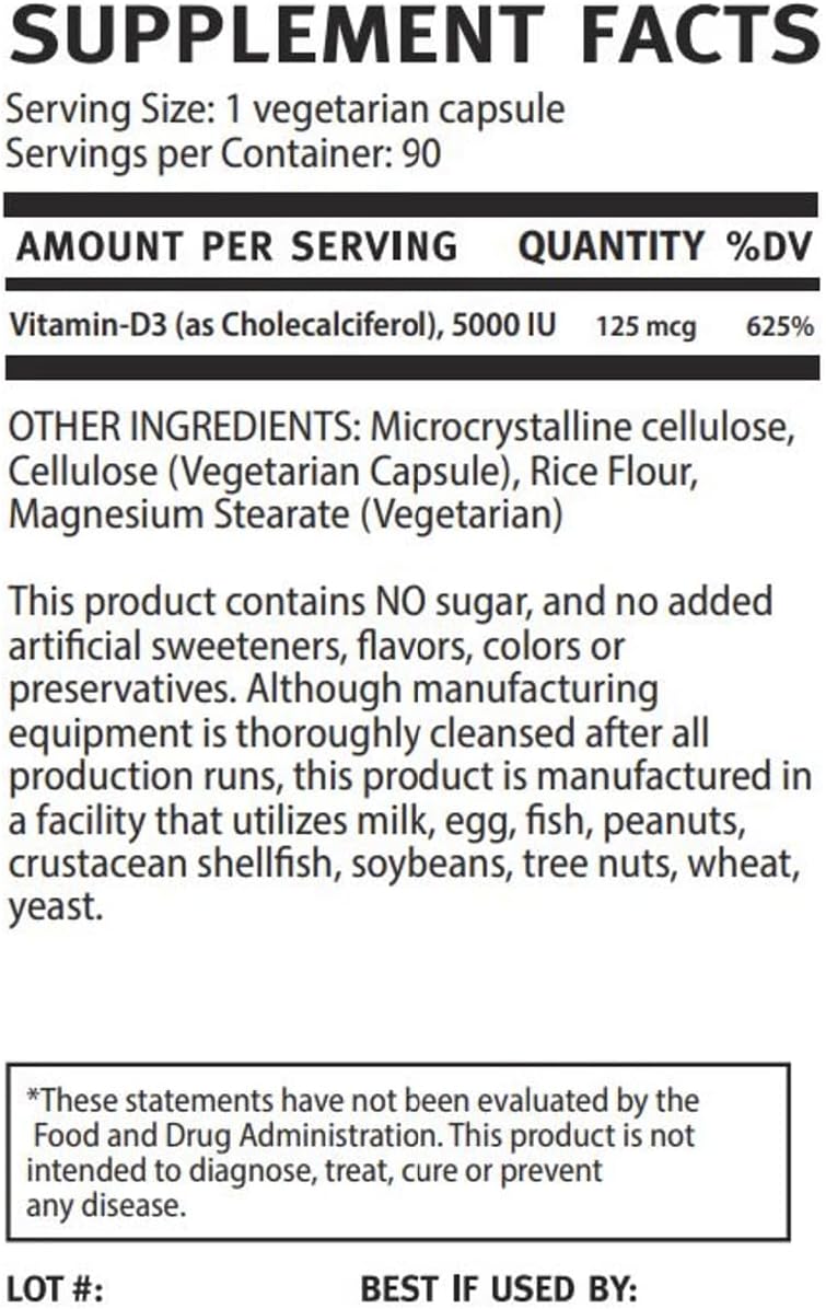 Vegan Vitamin D3 Capsules 5000 IU - 90 Count, Non-GMO, Gluten Free, Muscle & Joint Health Support for Healthy Aging, 3 Month Supply
