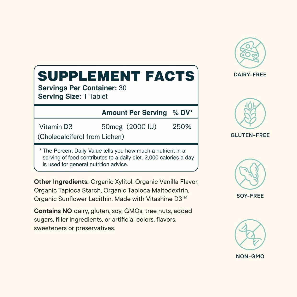 Vegan Vitamin D3 Chewables from Lichen - Bone Health, Immune Support, Mood Boost | 30 Vegan Vanilla Tablets - 2000IU, 1 Month Supply