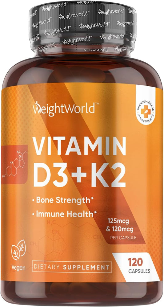 Vegan Vitamin D3 K2 Capsules for Bone Strength & Immune Health - 120 Caps (4 Months Supply) - Gluten-Free & Plant-Based Supplement
