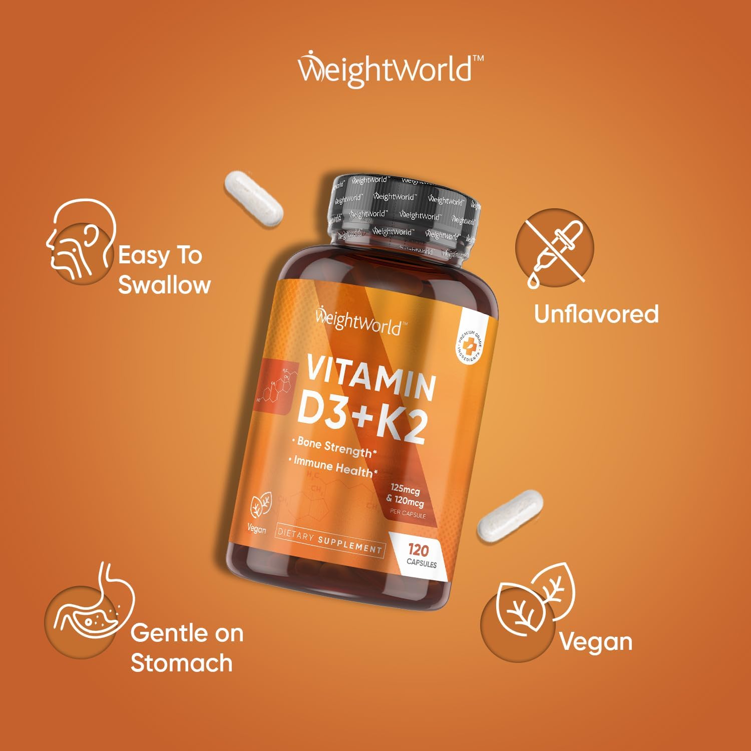 Vegan Vitamin D3 K2 Capsules for Bone Strength & Immune Health - 120 Caps (4 Months Supply) - Gluten-Free & Plant-Based Supplement