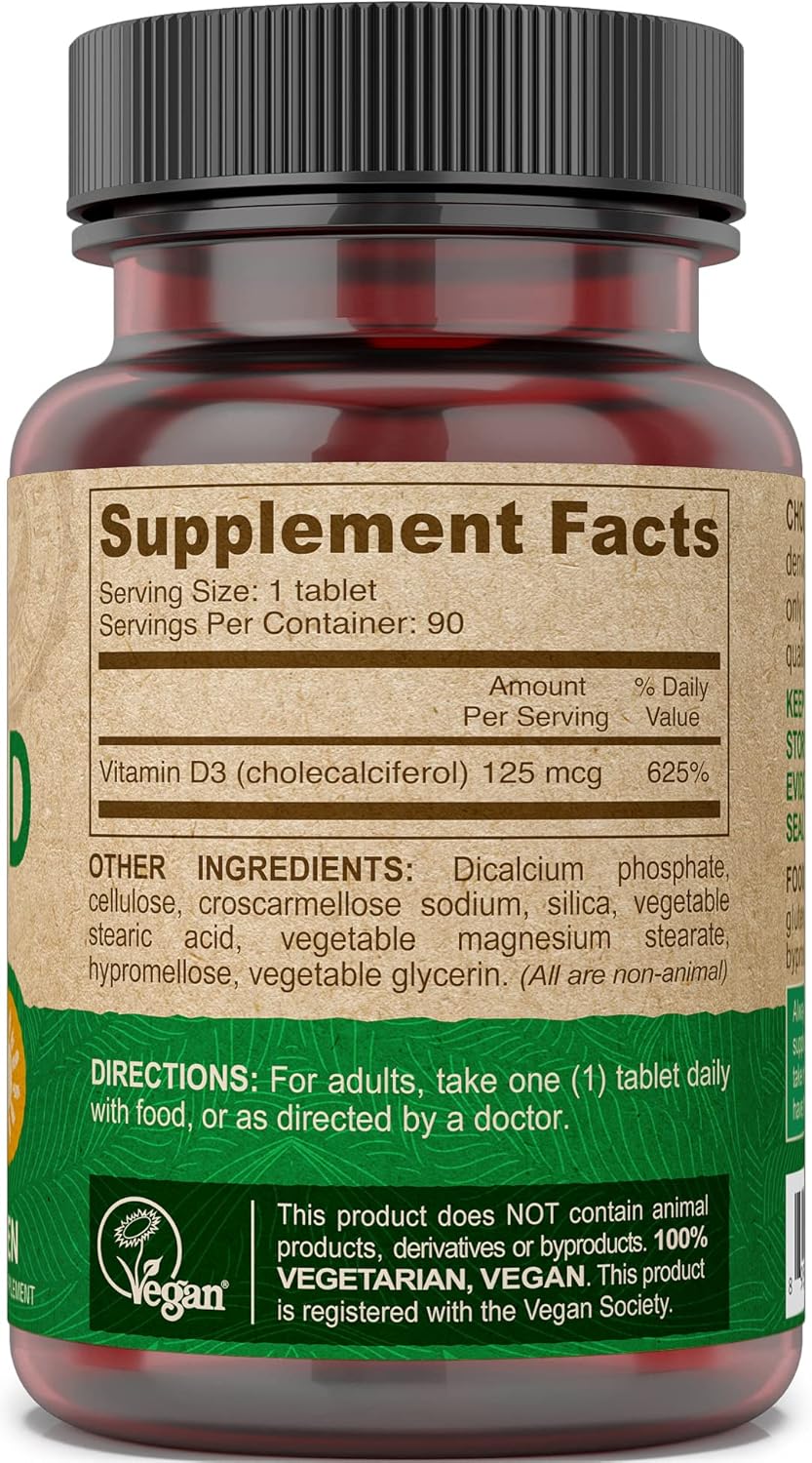 Vegan Vitamin D3 Supplement - 5000 IU, 125 mcg, 90 Capsules - Sunshine Formula for Immune Support