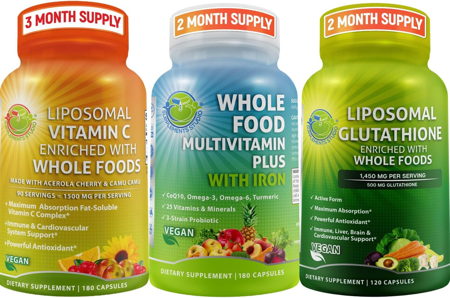 Vegan Whole Food Daily Multivitamin Bundle with Iron, Liposomal Vitamin C, and Glutathione Supplements