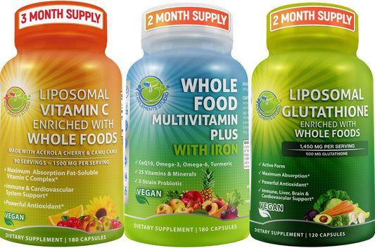 Vegan Whole Food Daily Multivitamin Bundle with Iron, Liposomal Vitamin C, and Glutathione Supplements