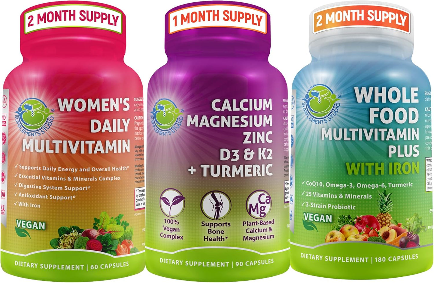 Vegan Whole Food Multivitamin Bundle - Women's Daily with Iron & Plant-Based Calcium 500mg
