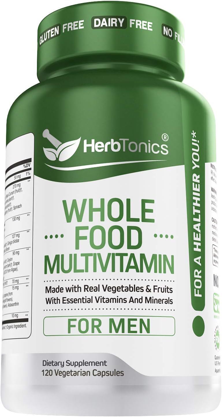 Vegan Whole Food Multivitamin Capsules for Men with Superfoods | Real Raw Veggies, Fruits, Vitamin E, A, B Complex | Non-GMO 120 Vegetarian Capsules