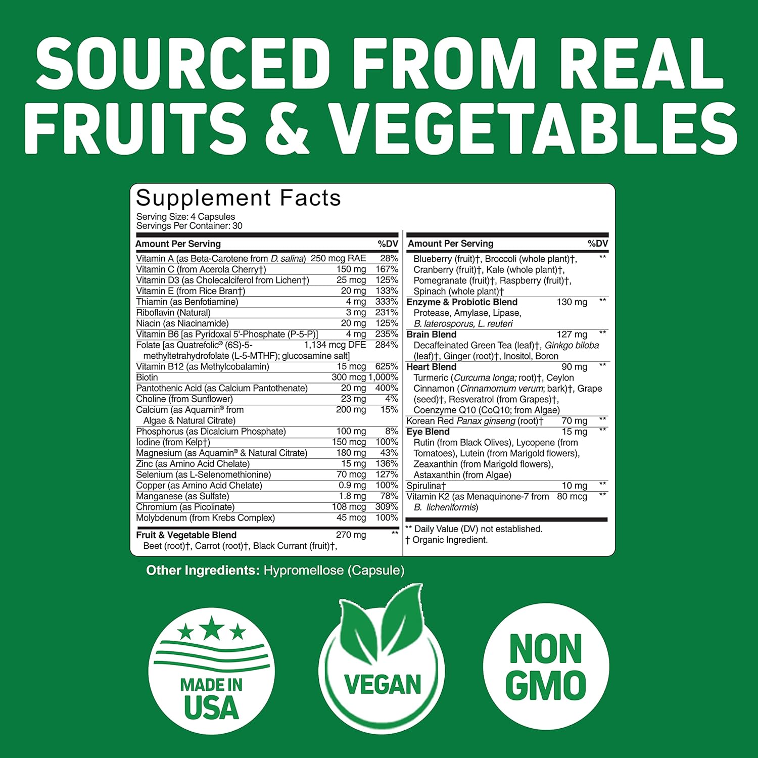 Vegan Whole Food Multivitamin Capsules for Men with Superfoods | Real Raw Veggies, Fruits, Vitamin E, A, B Complex | Non-GMO 120 Vegetarian Capsules