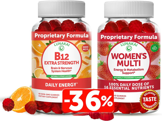 Vegan Women's Multivitamin & B12 Gummies Bundle for Energy & Bone Health - Non-GMO - 30 Days Supply