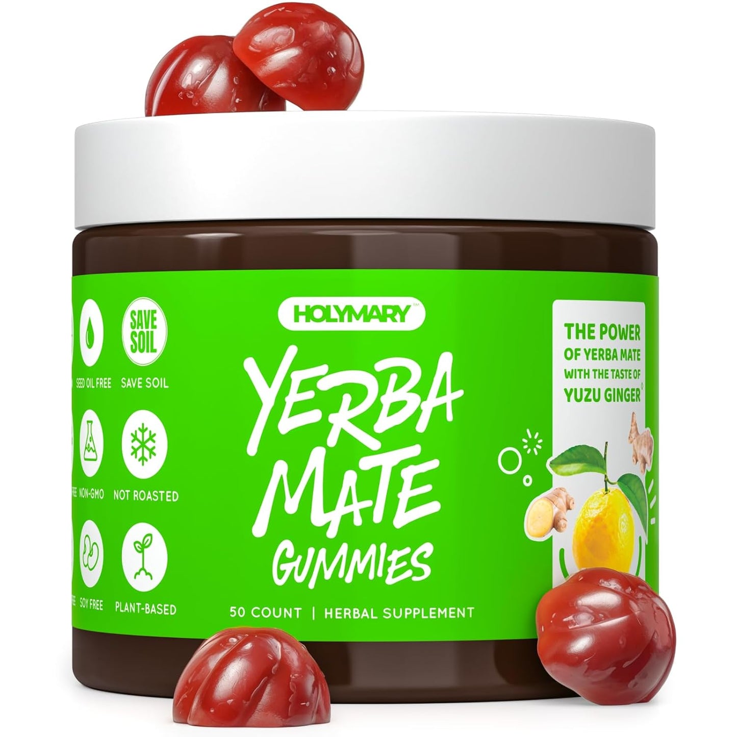 Vegan Yerba Mate Gummies with Yuzu & Ginger Flavor - Boost Energy, Focus, and Immunity | Non-GMO, Gluten-Free Supplement Gummies for Cardio Health