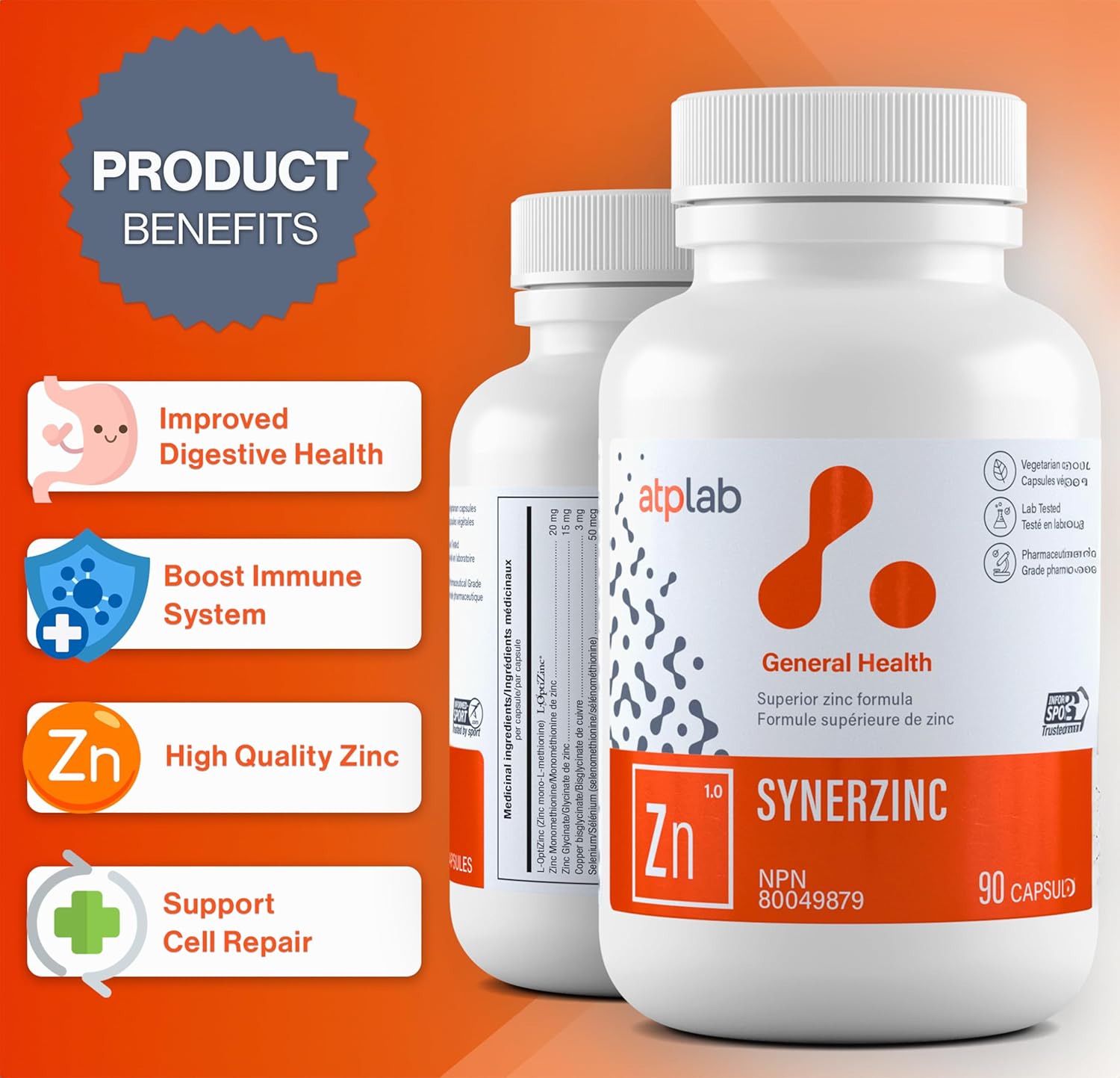 Vegan Zinc Supplement for Men & Women - ATP LAB Synerzinc Capsules - Mineral & Vitamin Supplements for Healthy Skin & Adults