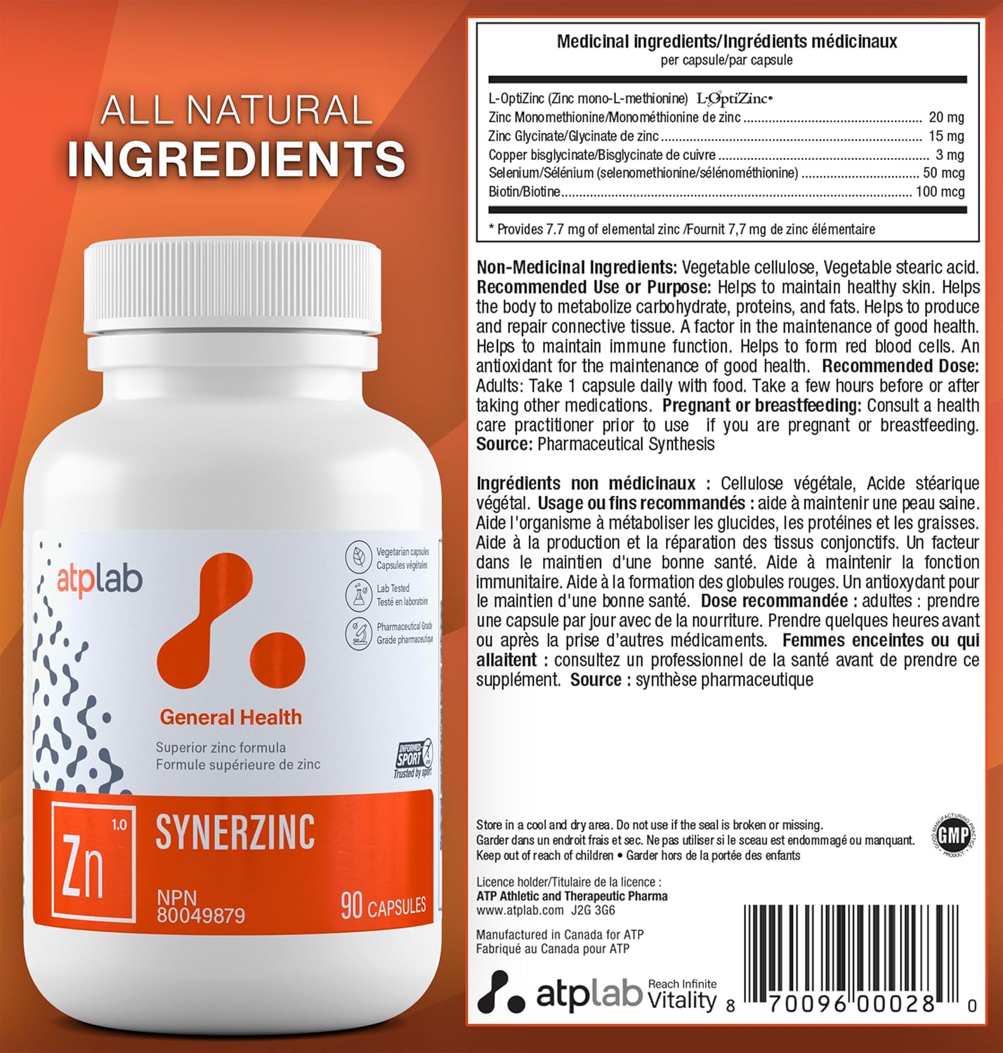 Vegan Zinc Supplement for Men & Women - ATP LAB Synerzinc Capsules - Mineral & Vitamin Supplements for Healthy Skin & Adults