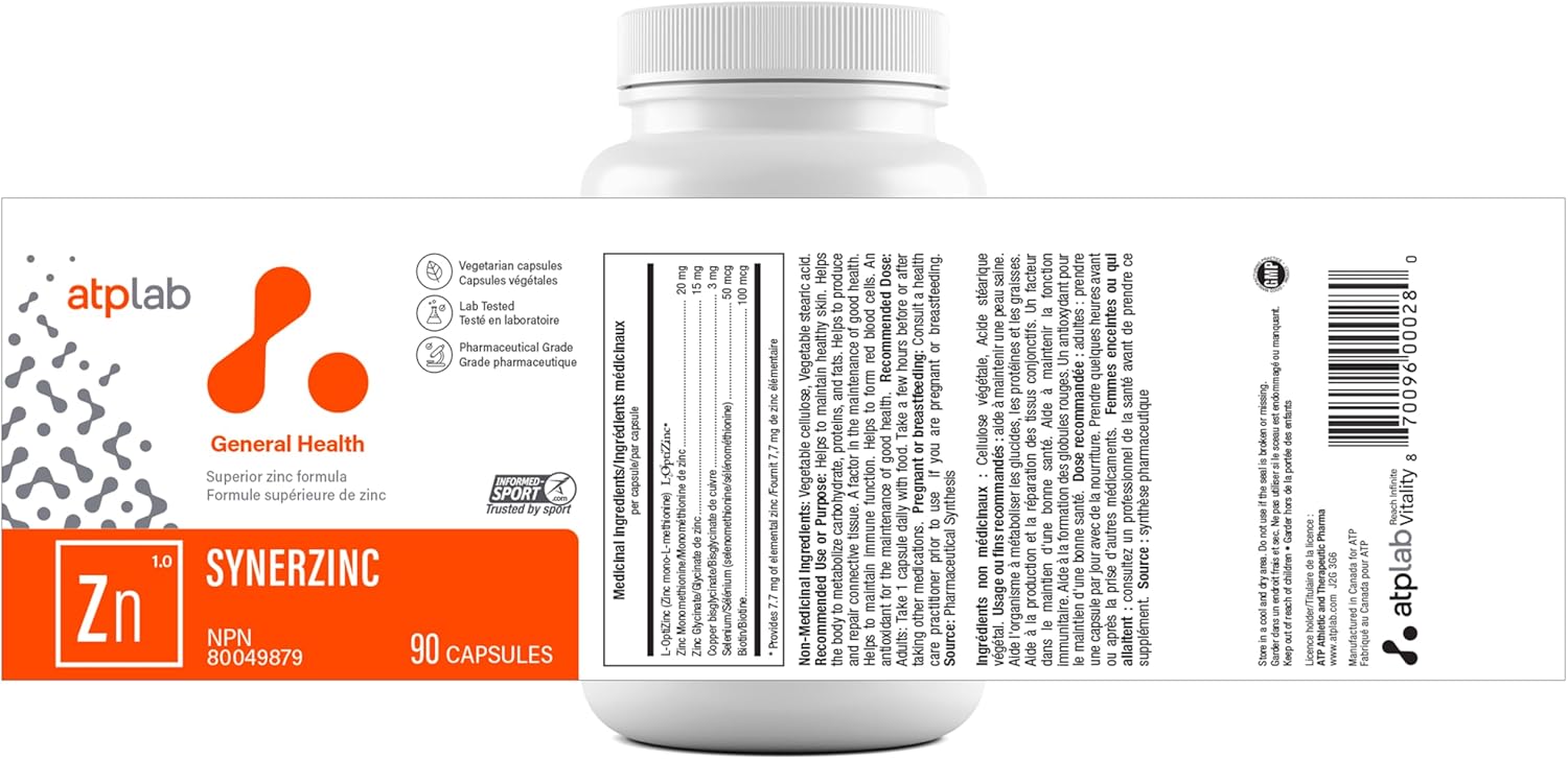 Vegan Zinc Supplement for Men & Women - ATP LAB Synerzinc Capsules - Mineral & Vitamin Supplements for Healthy Skin & Adults