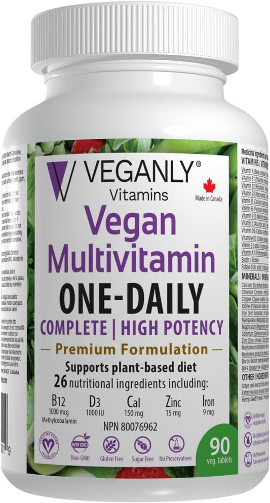 VEGANLY Vitamins One-Daily Vegan Multivitamin - 90 Veg Tablets, High Potency B12 & D3, 26 Essentials for Plant-Based Diets.