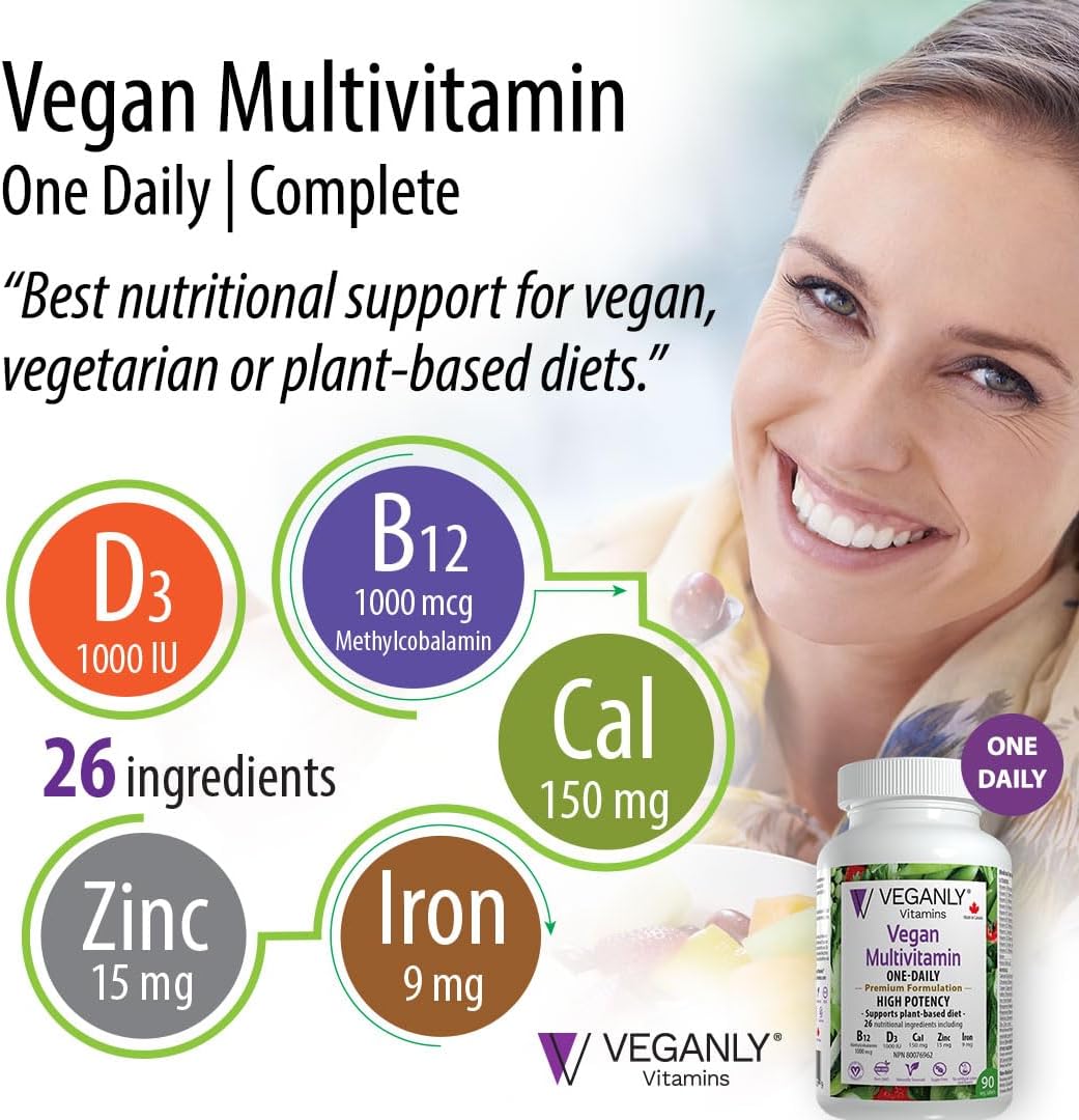 VEGANLY Vitamins One-Daily Vegan Multivitamin - 90 Veg Tablets, High Potency B12 & D3, 26 Essentials for Plant-Based Diets.