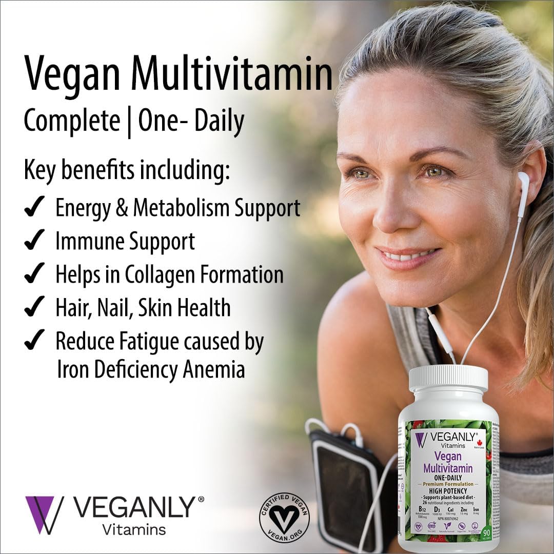 VEGANLY Vitamins One-Daily Vegan Multivitamin - 90 Veg Tablets, High Potency B12 & D3, 26 Essentials for Plant-Based Diets.