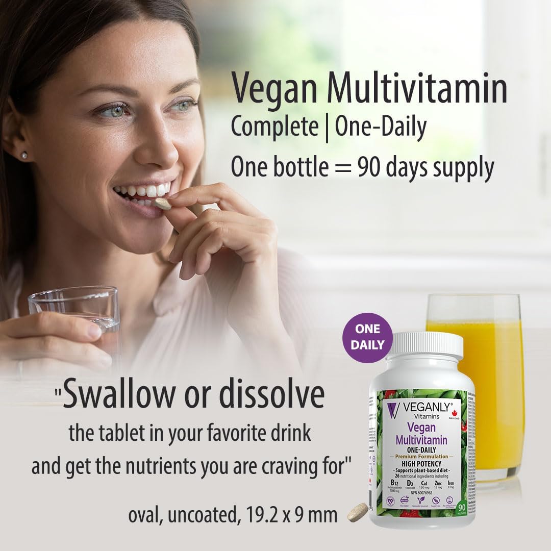 VEGANLY Vitamins One-Daily Vegan Multivitamin - 90 Veg Tablets, High Potency B12 & D3, 26 Essentials for Plant-Based Diets.