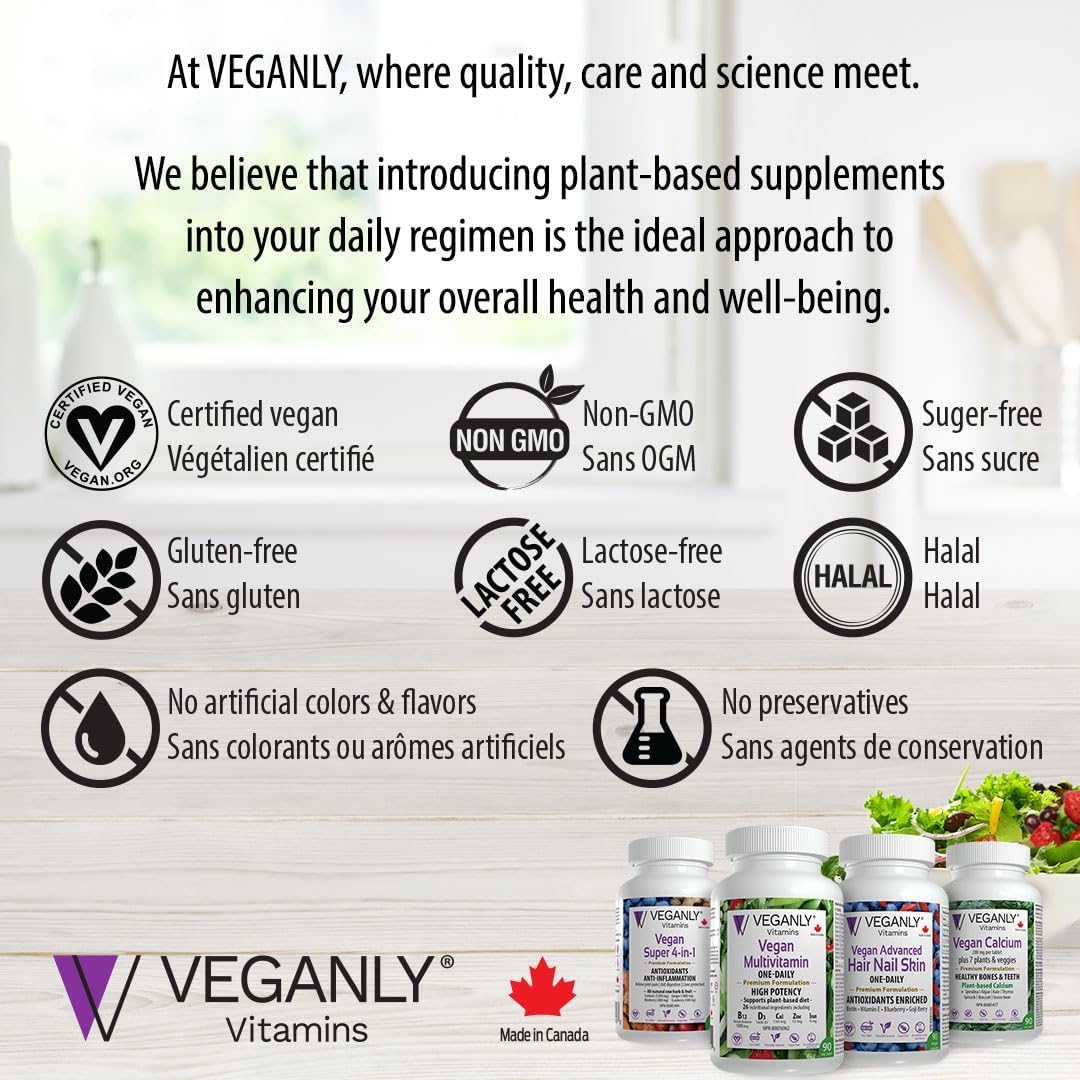 Veganly Vitamins: Plant-Based Calcium Plus 7 for Bone and Teeth Health (90 Capsules)