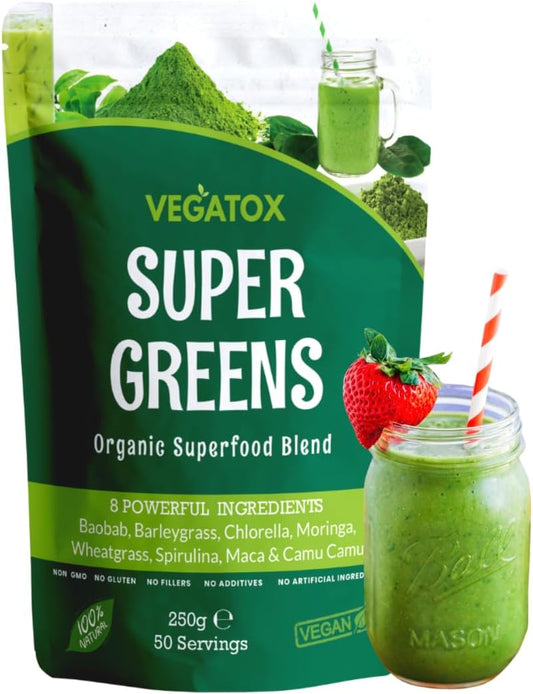Vegatox Super Greens Powder 250g | Natural Vegan Green Superfood for Immunity Support, Energy Boost & Detox | Alkaline Formula with 50 Servings