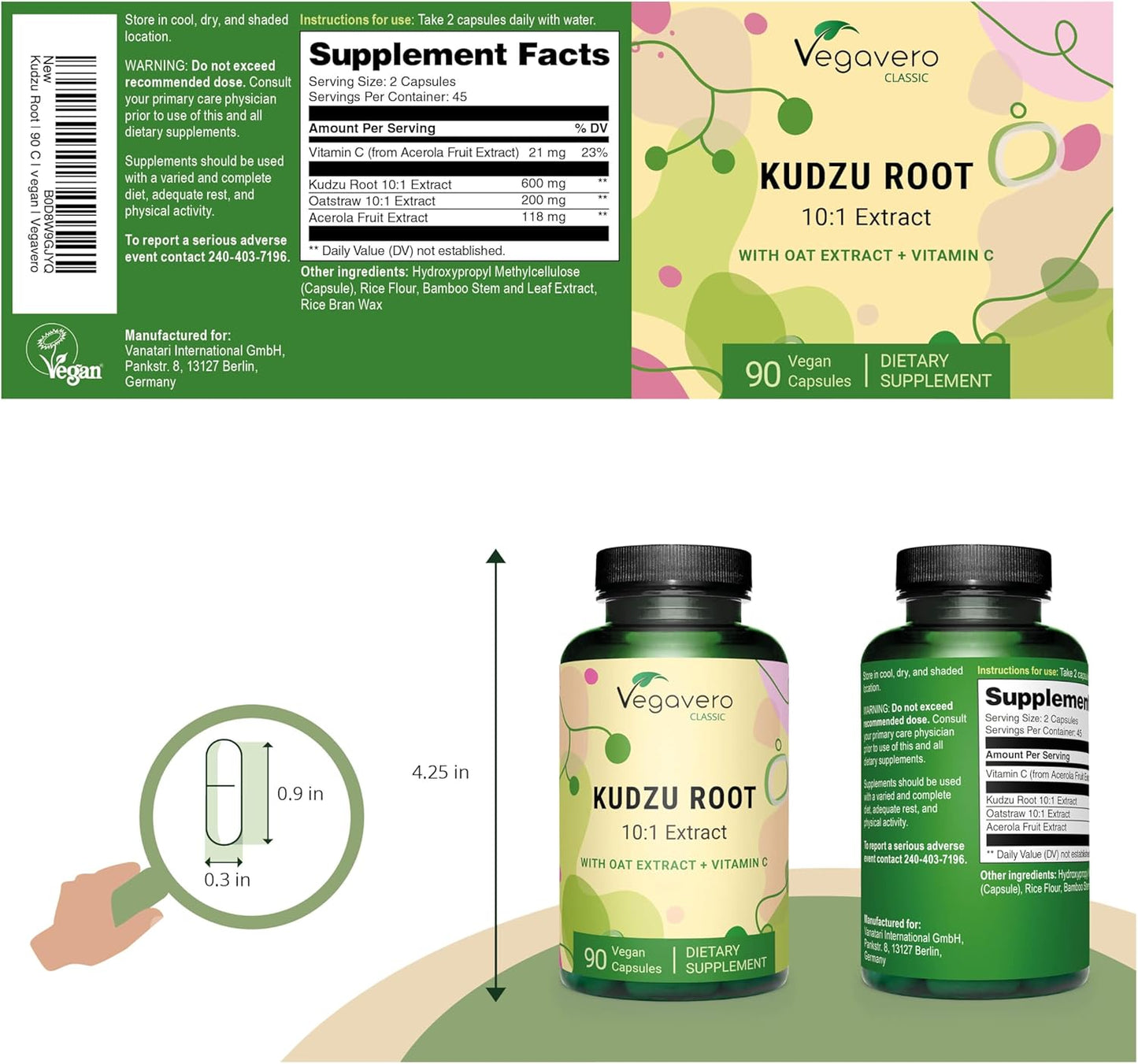 Vegavero Kudzu Root Capsules - 12,000 mg Menopause Support with Oat Extract and Vitamin C - Non-GMO Vegan Supplement - 90 Count