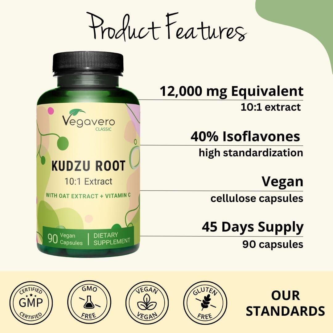 Vegavero Kudzu Root Capsules - 12,000 mg Menopause Support with Oat Extract and Vitamin C - Non-GMO Vegan Supplement - 90 Count