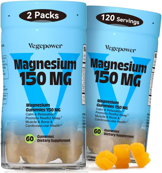 VEGEPOWER Vegan Magnesium Citrate Gummies - 1363.68mg for Better Sleep & Relaxation - 2 Pack of 60 Count Mango Flavored Supplements