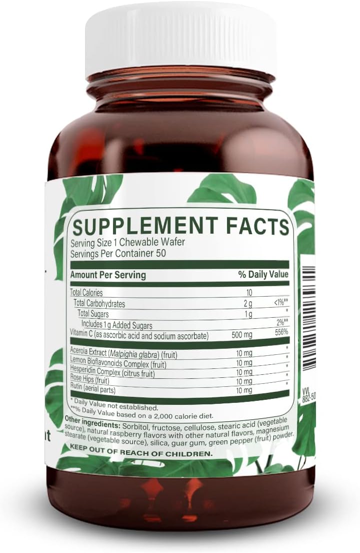 Vegetable Source Vitamin C Supplement for Kids and Adults, Immune and Bone Health Support, Skin and Heart Protection, 500 mg, 50 Vegan Wafers