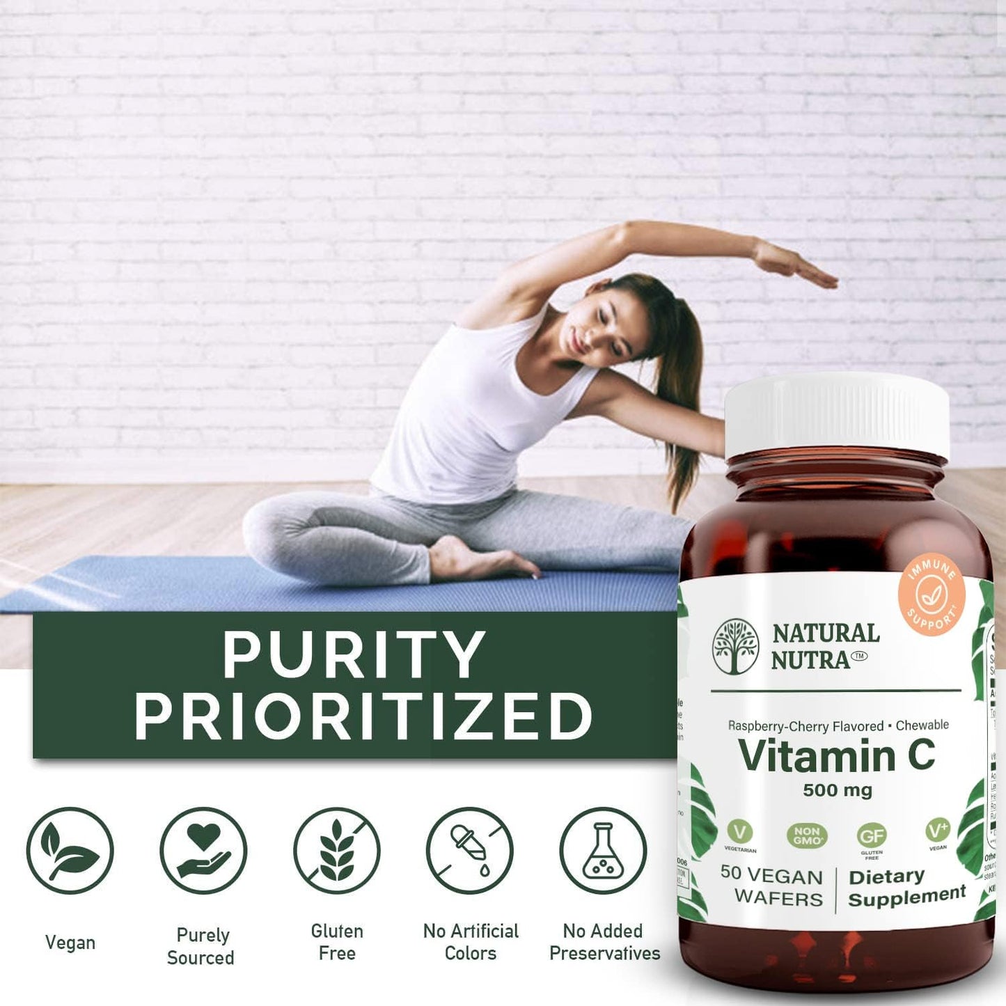 Vegetable Source Vitamin C Supplement for Kids and Adults, Immune and Bone Health Support, Skin and Heart Protection, 500 mg, 50 Vegan Wafers