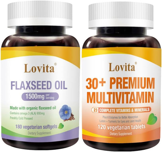 Vegetarian Adults 30+ Nutrients Bundle: Lovita Cold-Pressed Flaxseed Oil & Premium Multivitamin