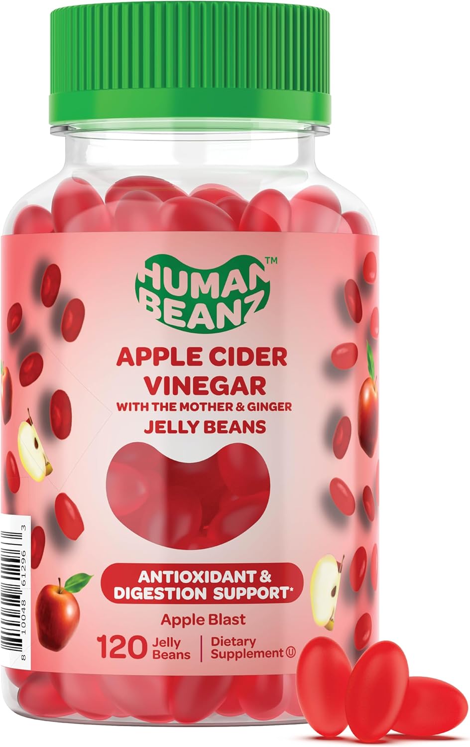 Vegetarian Apple Blast Jelly Bean Gummies with Apple Cider Vinegar, Ginger, and The Mother - 120 Count for Digestive Health Support