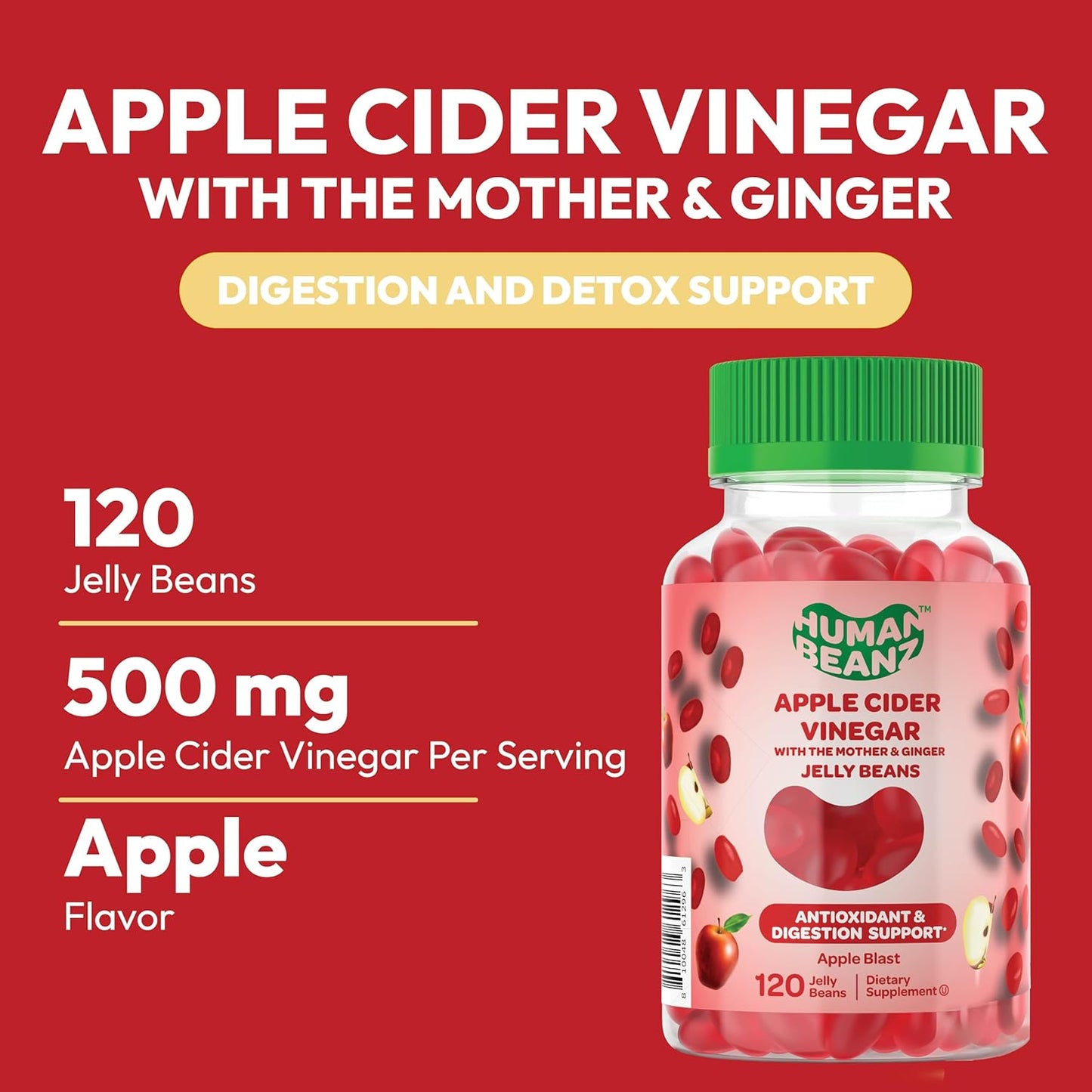 Vegetarian Apple Blast Jelly Bean Gummies with Apple Cider Vinegar, Ginger, and The Mother - 120 Count for Digestive Health Support
