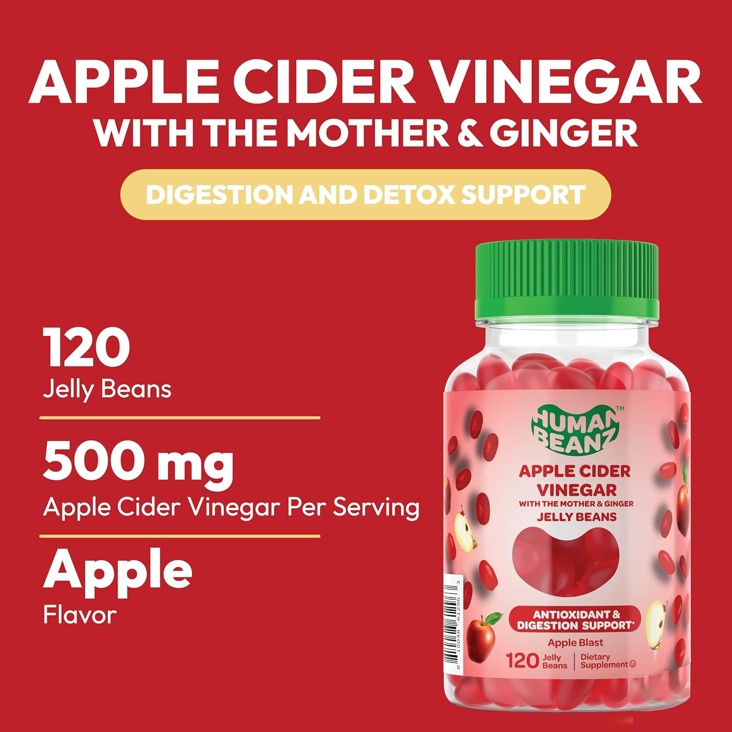 Vegetarian Apple Blast Jelly Bean Gummies with Apple Cider Vinegar, Ginger, and The Mother - 120 Count for Digestive Health Support