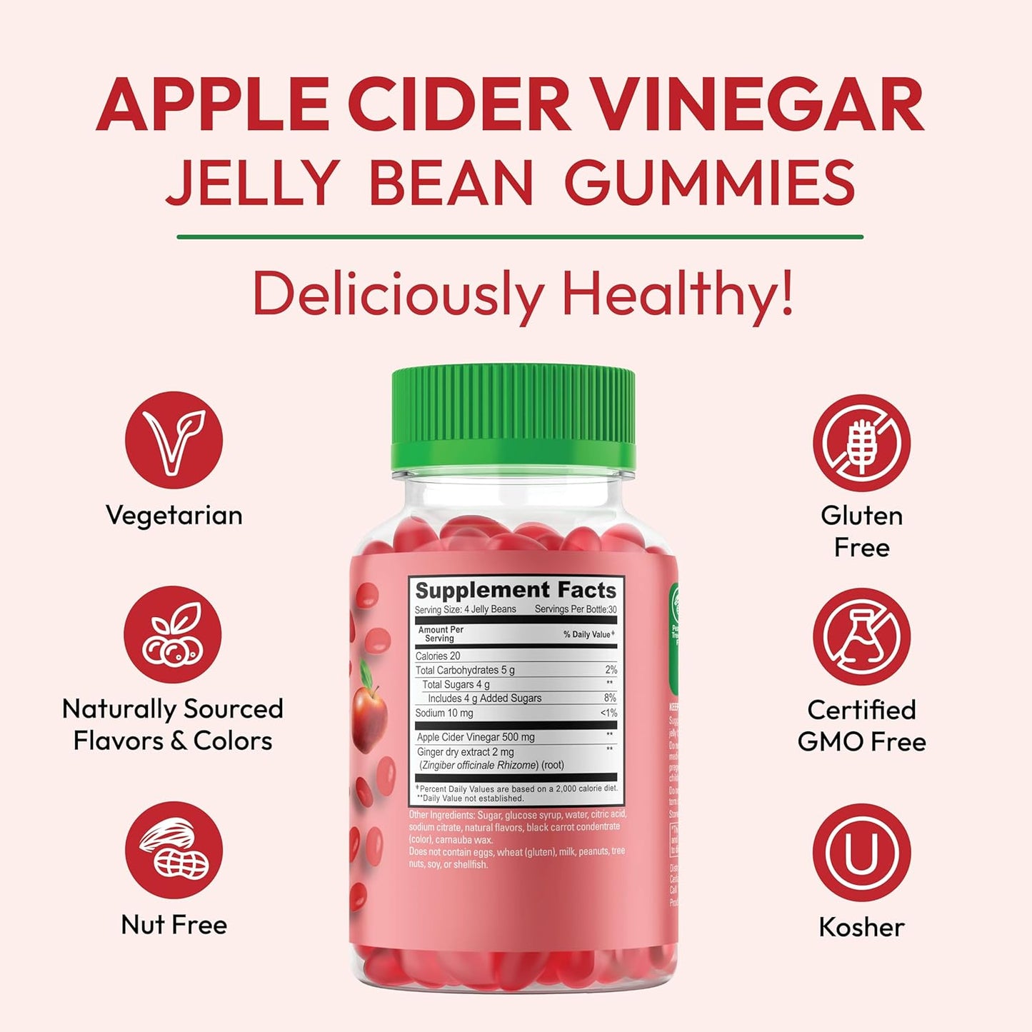 Vegetarian Apple Blast Jelly Bean Gummies with Apple Cider Vinegar, Ginger, and The Mother - 120 Count for Digestive Health Support