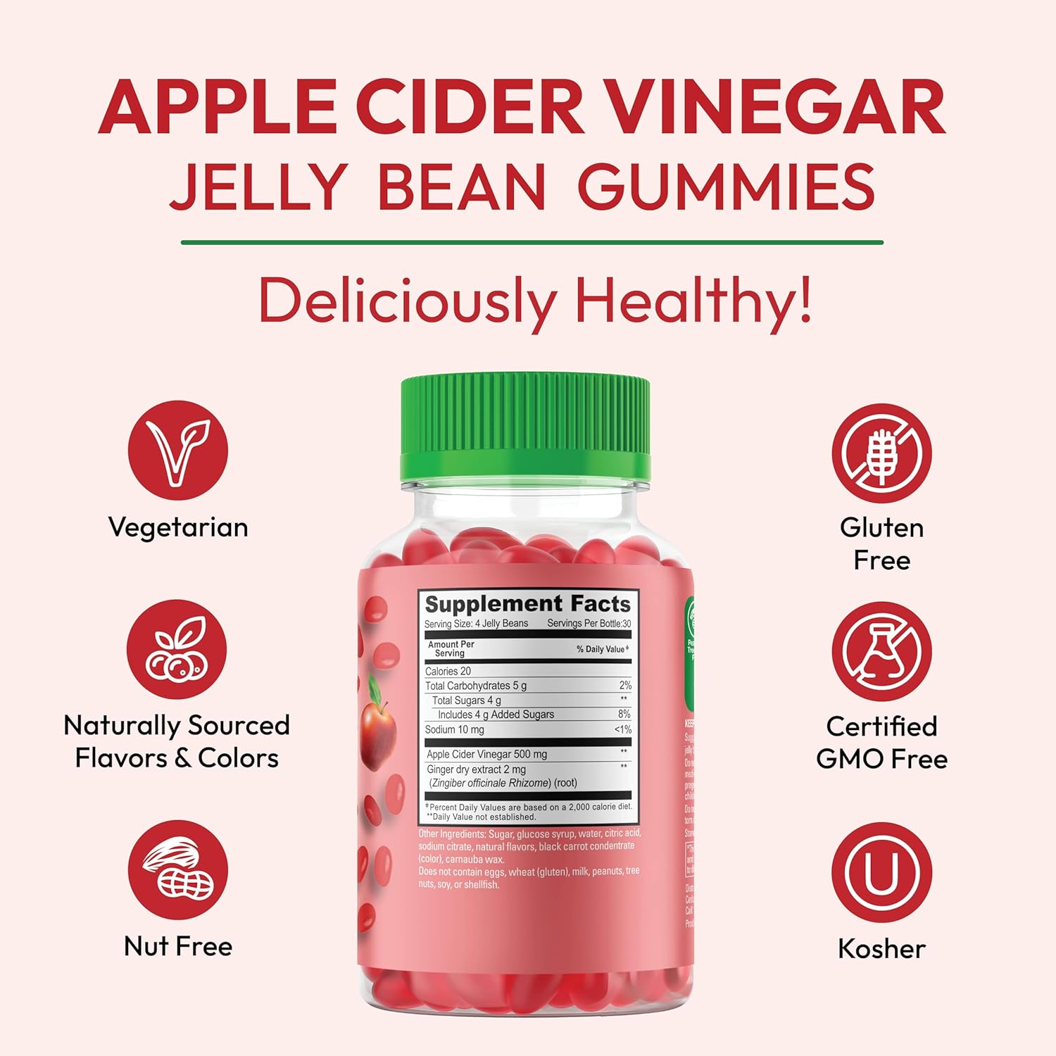 Vegetarian Apple Blast Jelly Bean Gummies with Apple Cider Vinegar, Ginger, and The Mother - 120 Count for Digestive Health Support