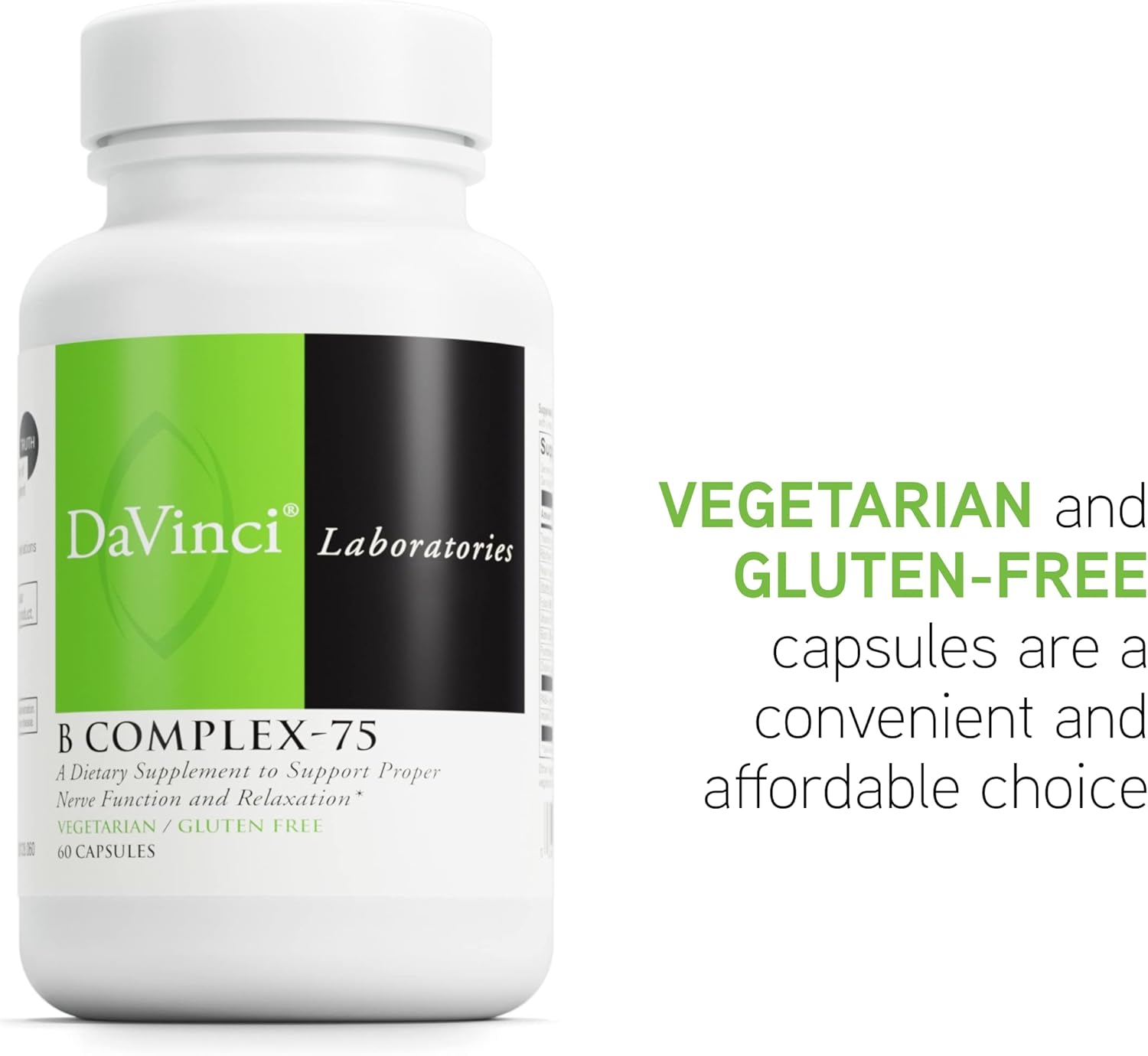 Vegetarian B Complex-75 Dietary Supplement for Relaxation and Nerve Function - Gluten-Free Capsules with Niacin, B6, B12, Biotin, Choline - 60 ct.