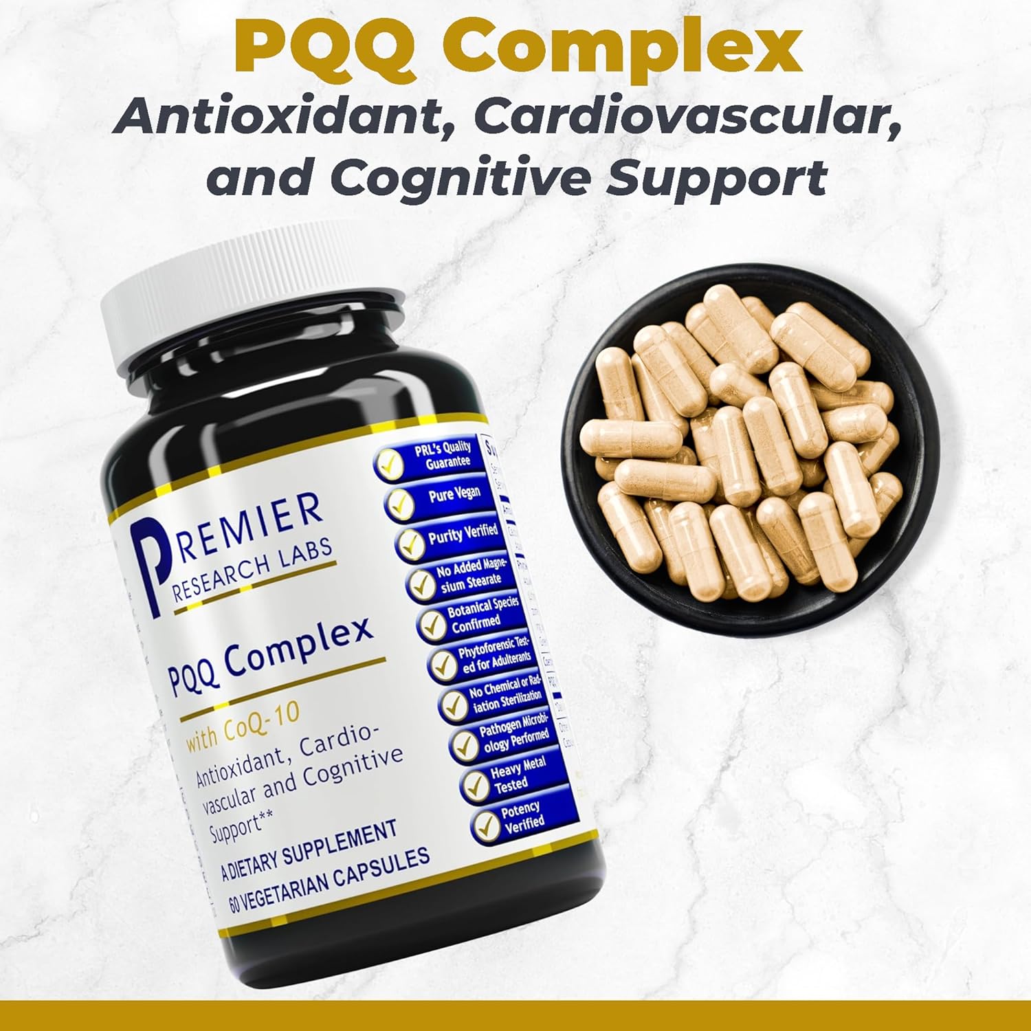 Vegetarian Coenzyme Q10 & PQQ Supplement for Antioxidant & Heart Support - 60 Capsules
