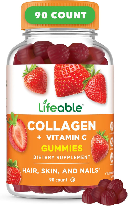 Vegetarian Collagen Gummies with Vitamin C | 100mg Lifeable Collagen Peptides | Hair Skin Nails Supplements for Adults | 90 Great-Tasting Gummies