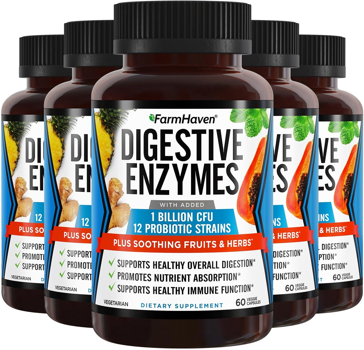 Vegetarian Digestive Enzymes with Probiotics & Herbs for Better Digestion | 18 Enzymes including Papaya, Bromelain, Protease | Supports Lactose Absorption, Reduces Bloating, Gas, Constipation | 300 Capsules