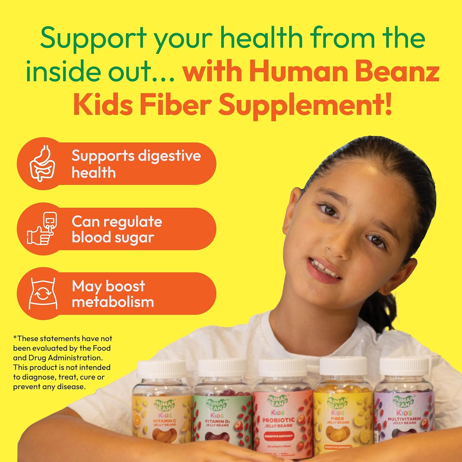 Vegetarian Fiber Gummy Jelly Beans for Kids, 120 Fiber Supplements for Digestive Health