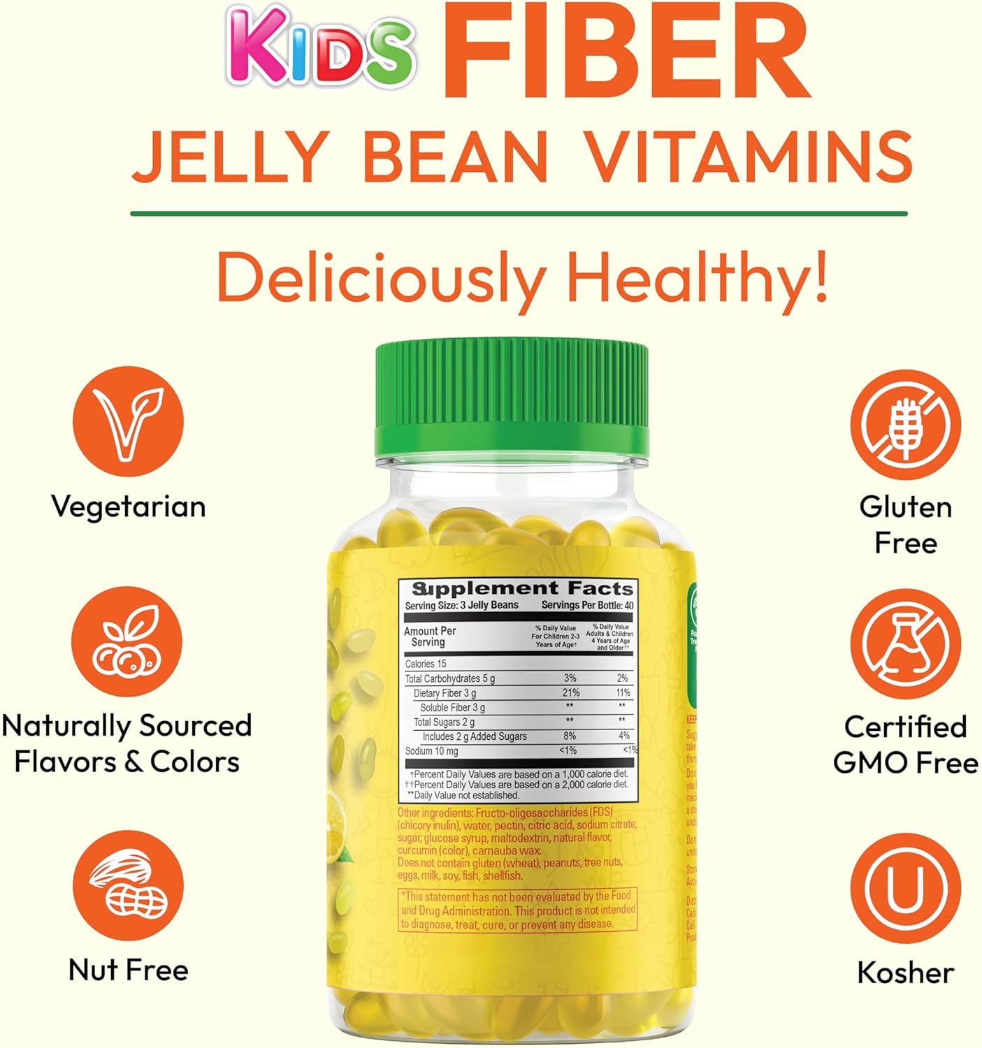 Vegetarian Fiber Gummy Jelly Beans for Kids, 120 Fiber Supplements for Digestive Health