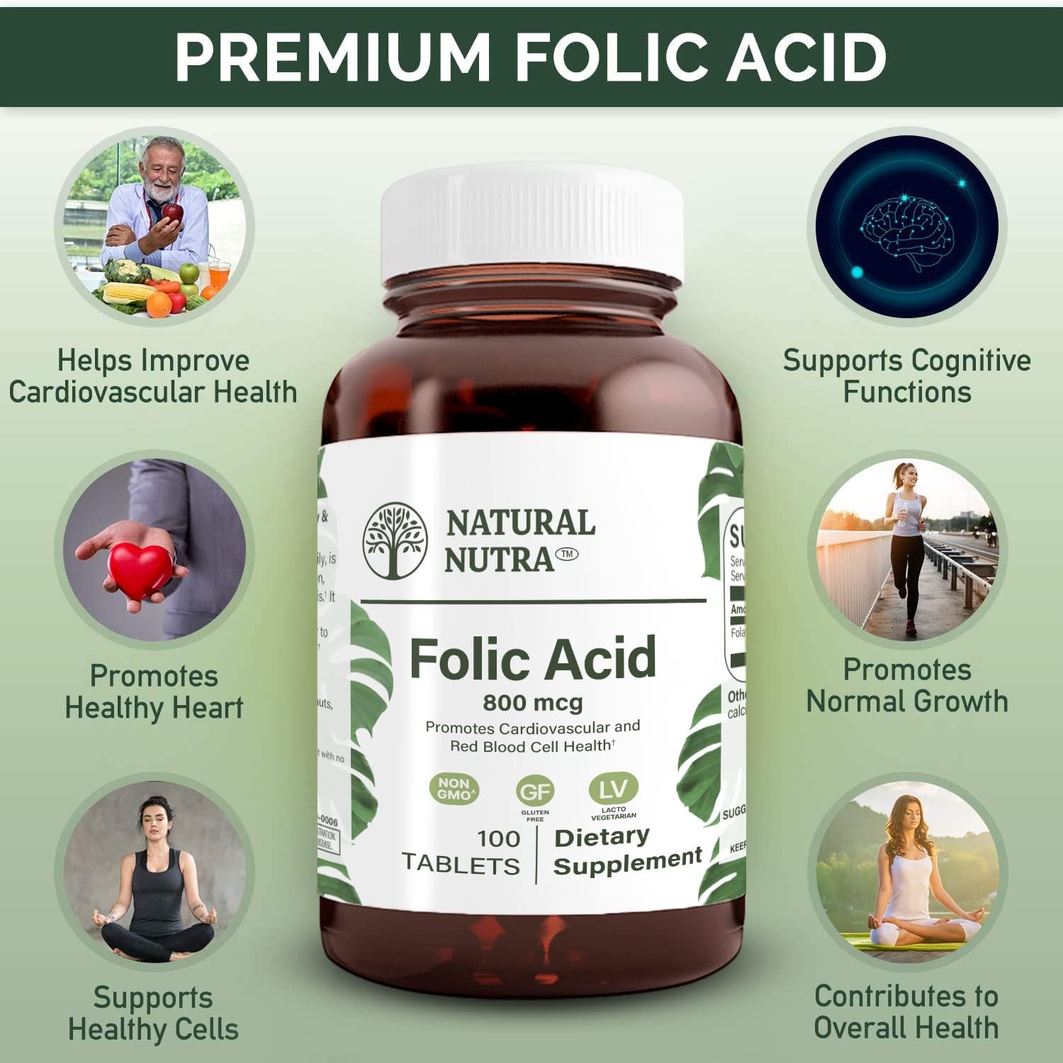 Vegetarian Folic Acid Folate Vitamin B9 Supplement for Heart Health, 800 mcg, 100 Tablets, Gluten Free