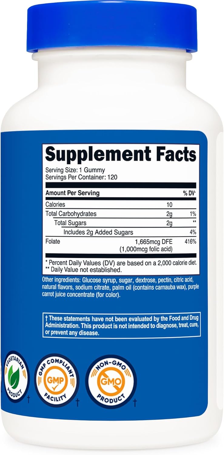 Vegetarian Folic Acid Gummies - 120 Gummies, 1 mg Per Serving - Men & Women Supplement - BoostGo Australia